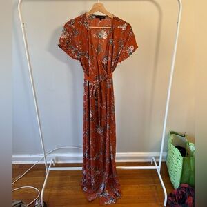 Olivaceous Rust Tie Front Floral Maxi Dress